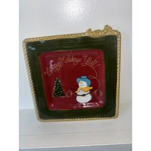 Happy Holidays Y'all Western Snowman Ceramic Square Platter Rope Trim Green Red